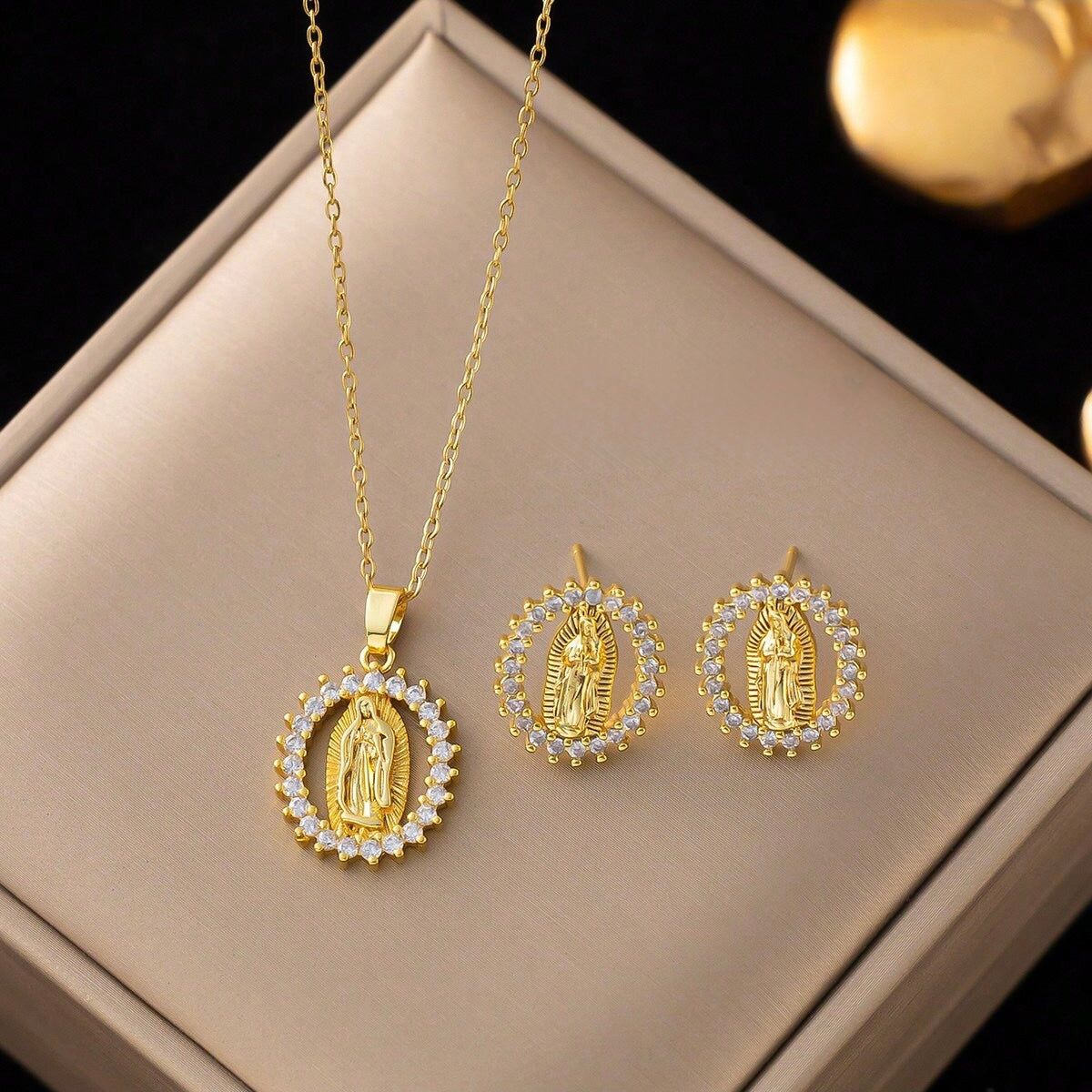 Aurora Virgin Mary Necklace & Earrings Set