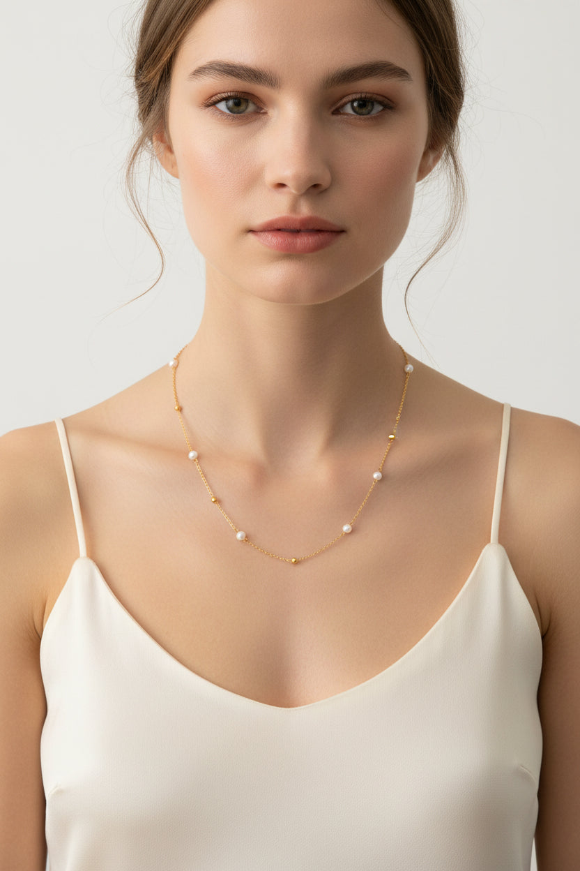 Freshwater Pearl Beaded Necklace – 18K Gold PVD Plated 316L Stainless Steel