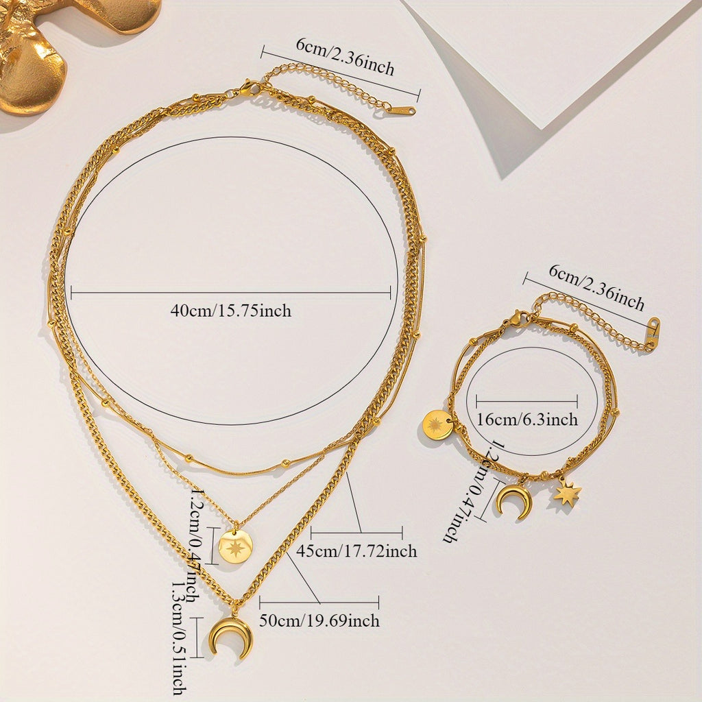 Celestial Luna Layered Jewelry Set – 18K Gold Plated Stainless Steel