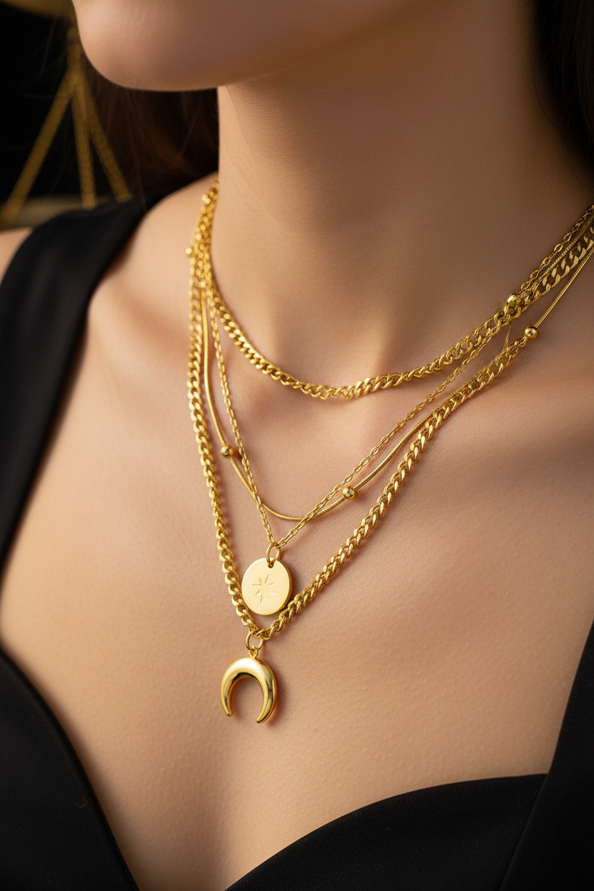 Celestial Luna Layered Jewelry Set – 18K Gold Plated Stainless Steel