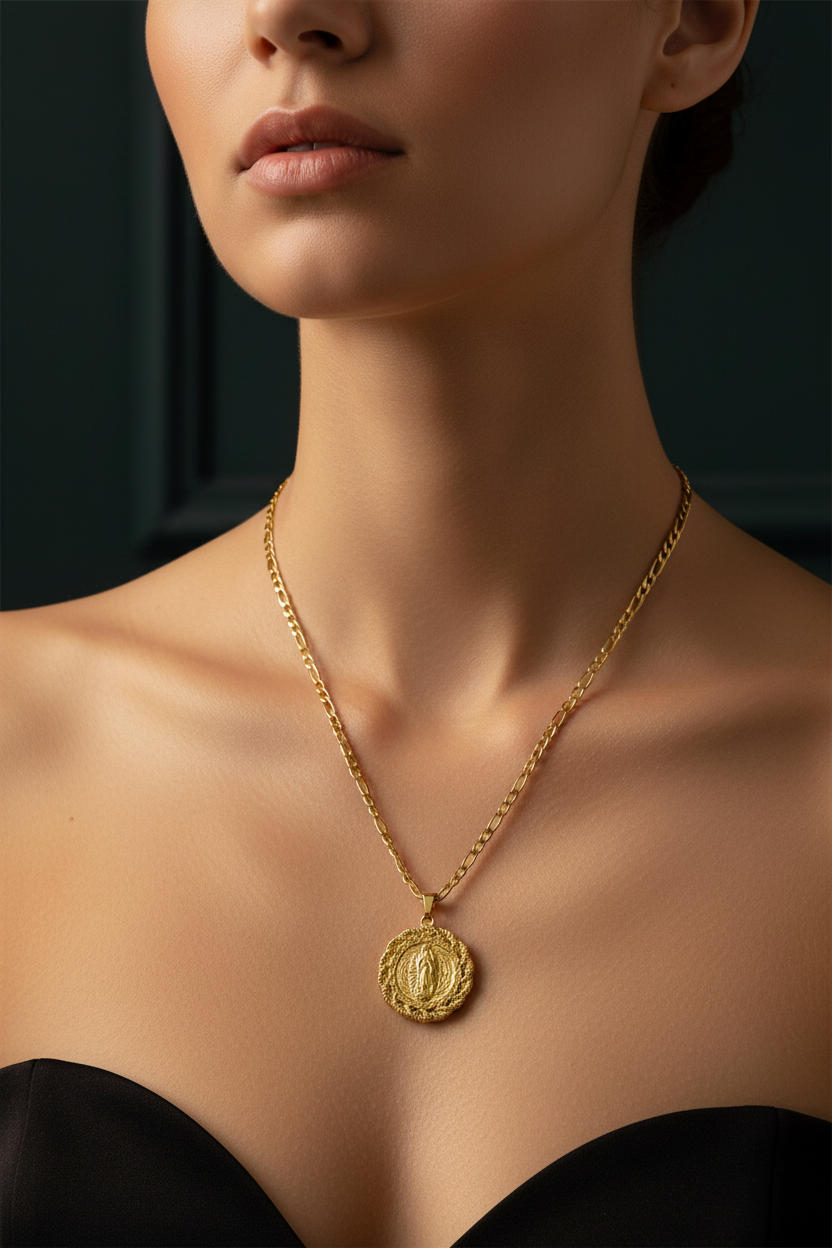 Round Virgin Mary Necklace – 18K Gold Plated Stainless Steel Waterproof Necklace