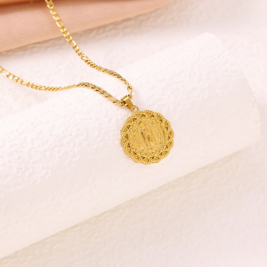 Round Virgin Mary Necklace – 18K Gold Plated Stainless Steel Waterproof Necklace