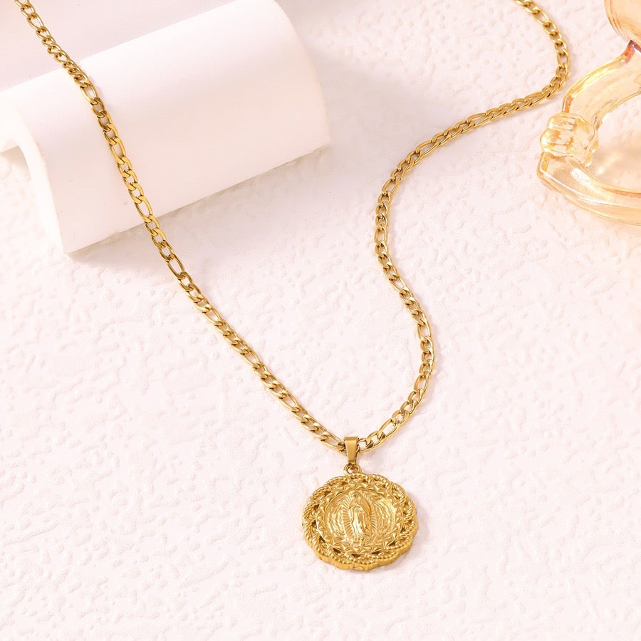 Round Virgin Mary Necklace – 18K Gold Plated Stainless Steel Waterproof Necklace